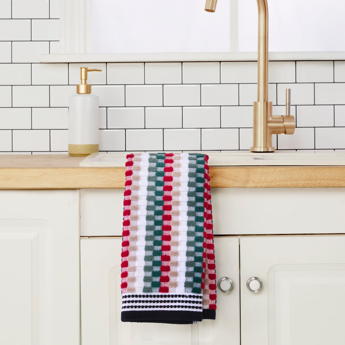 Multi Mod Stripe 2-Piece Hand Towel Set, Sage/Red Multi