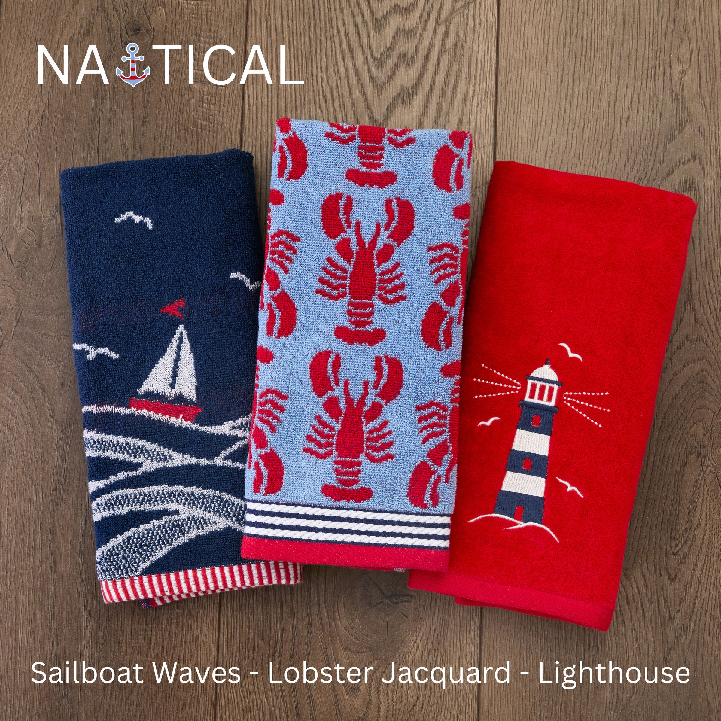 Lobster Jacquard Reversible 2-Piece Hand Towel Set, Blue/Red