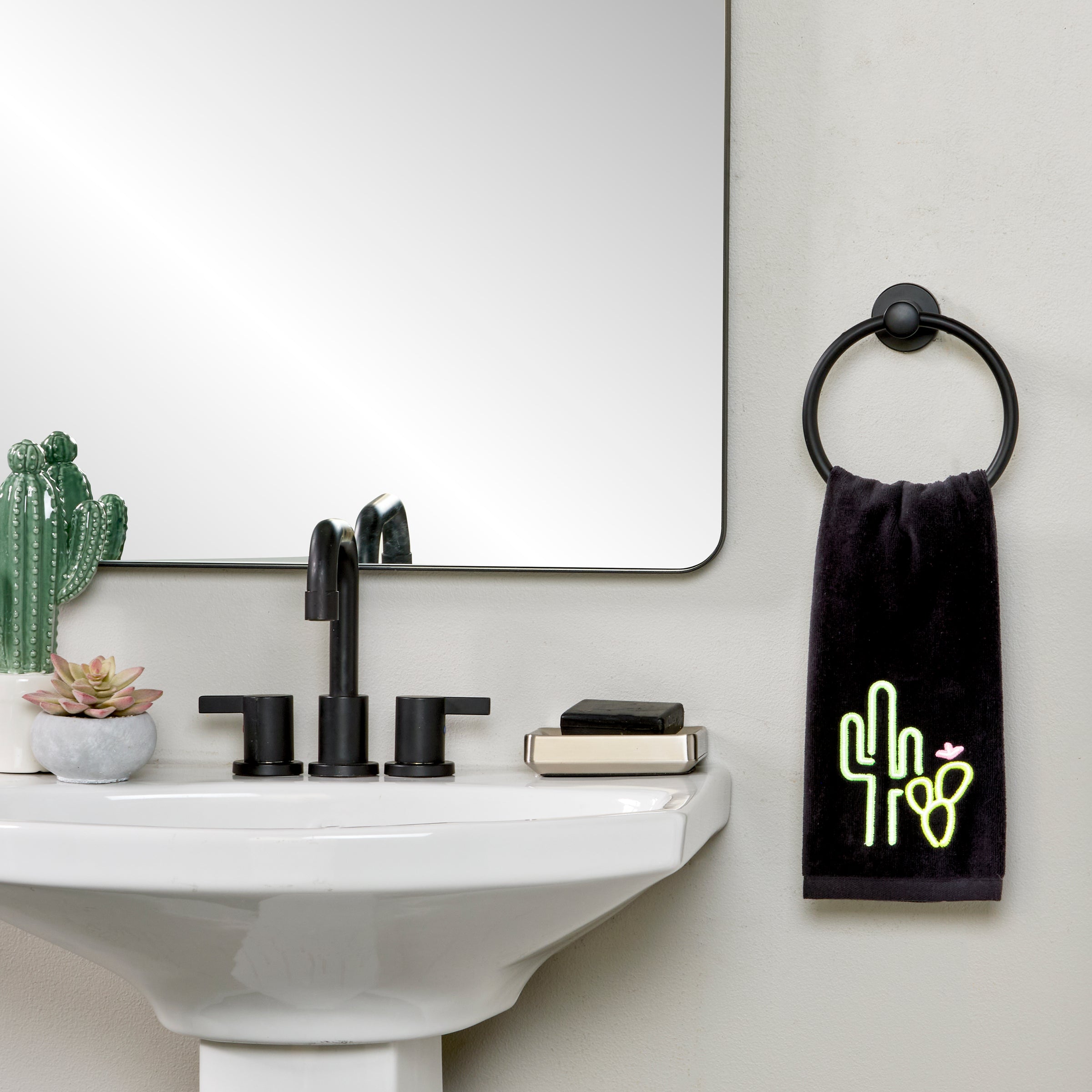 Neon Cactus 2-Piece Hand Towel Set, Black
