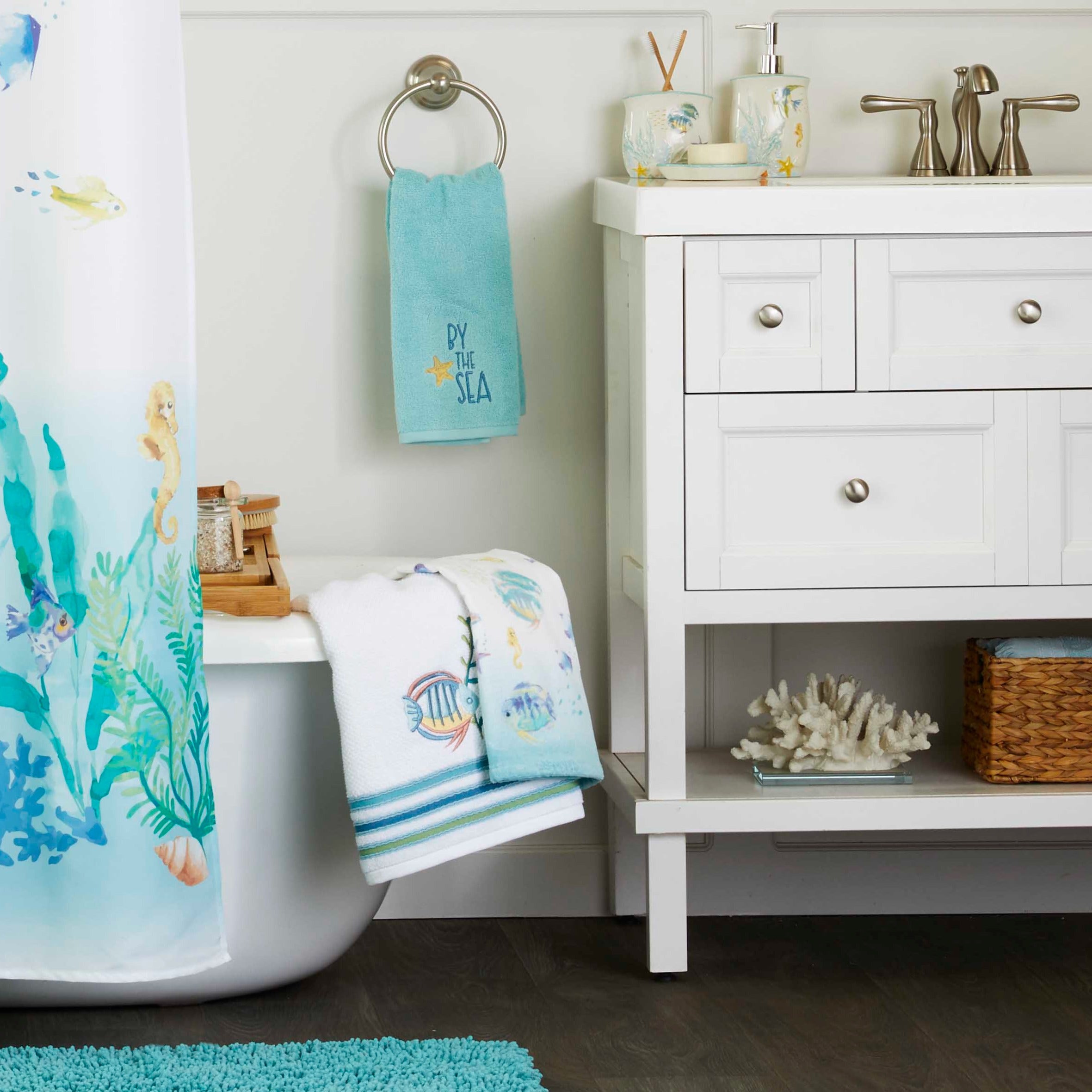 Ocean Watercolor Bath Towel, White