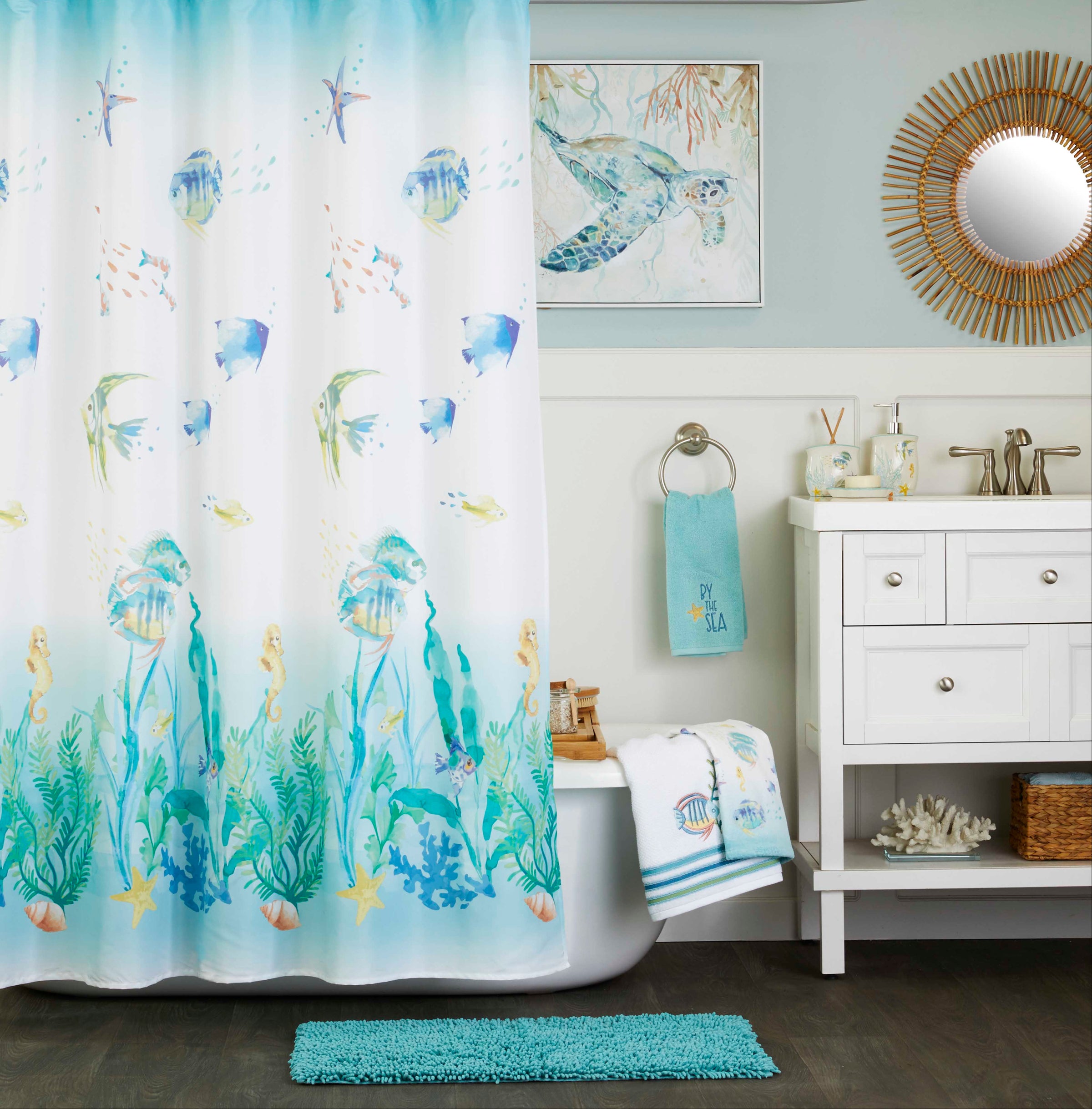 Ocean Watercolor Scales Rug, Aqua