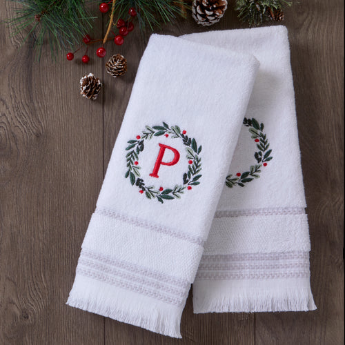 Wreath Monogram “P" 2-Piece Hand Towel Set, White