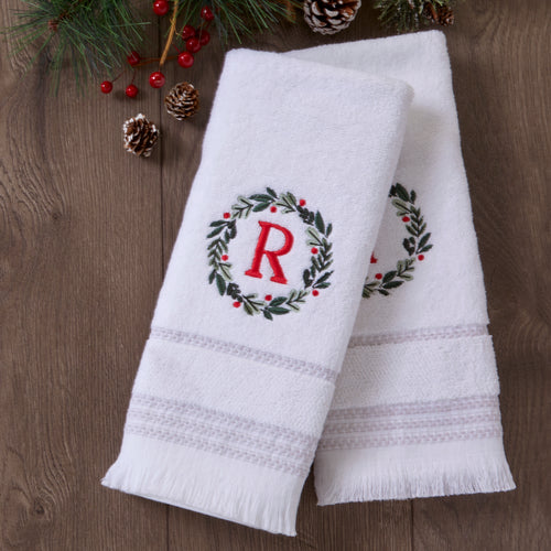 Wreath Monogram “R" 2-Piece Hand Towel Set, White