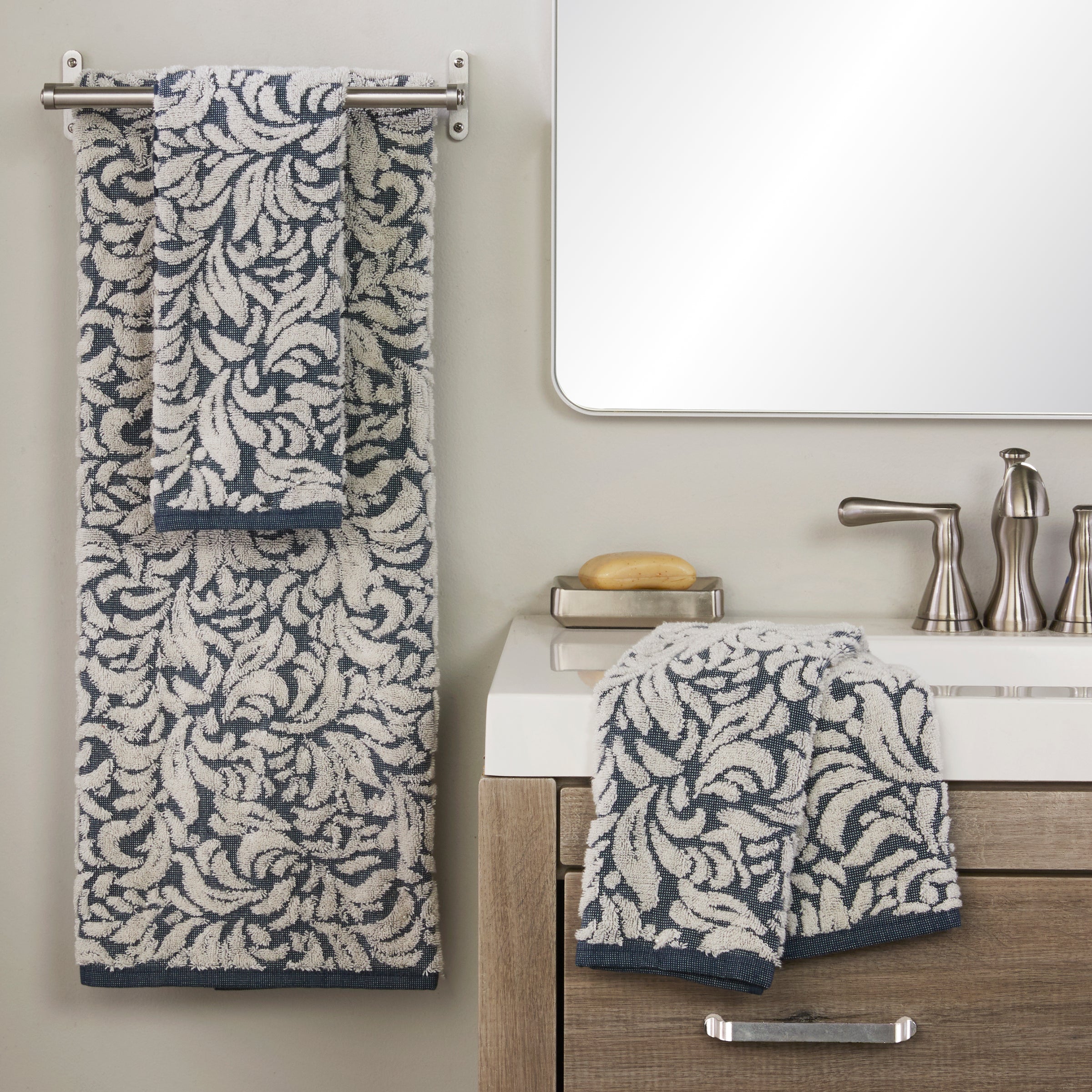 Renan Turkish Cotton Jacquard 2-Piece Hand Towel Set, Blue/Oxford