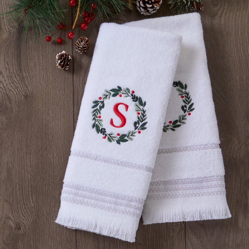 Wreath Monogram “S" 2-Piece Hand Towel Set, White