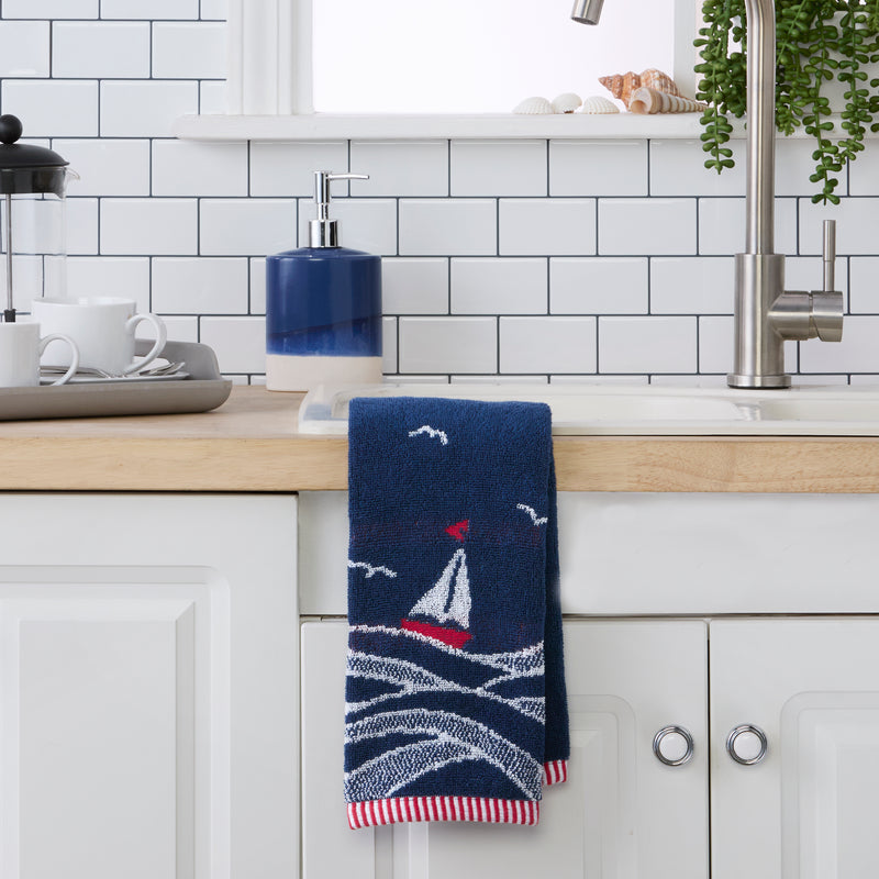 Sailboat Waves Jacquard 2-Piece Hand Towel Set, Navy