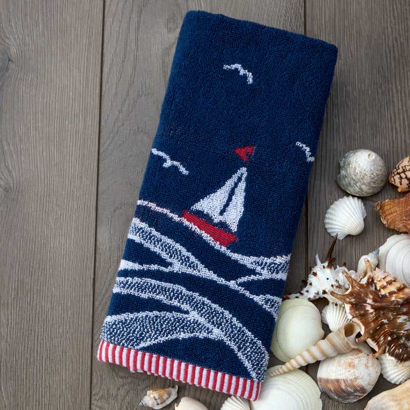 Sailboat Waves Jacquard 2-Piece Hand Towel Set, Navy