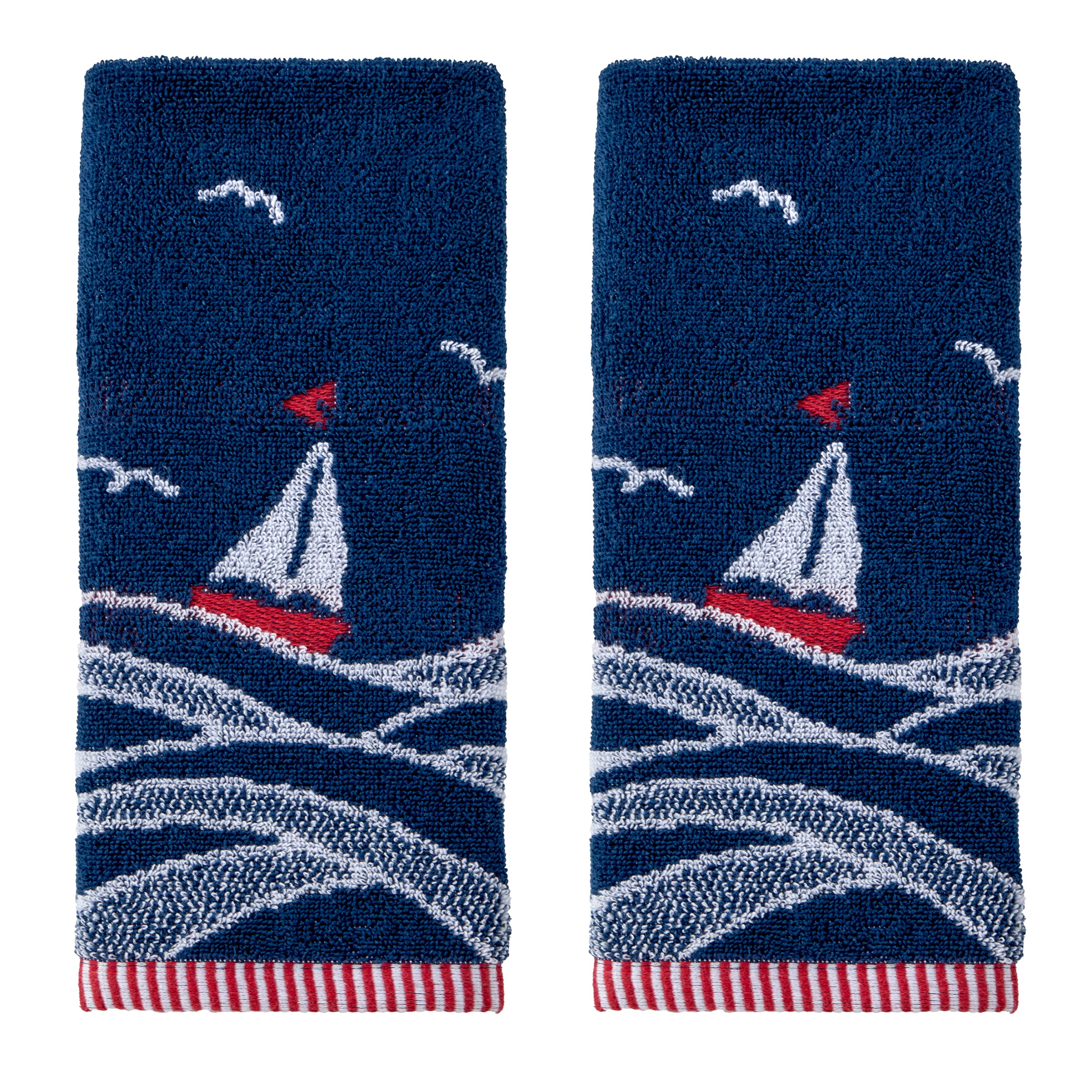 Sailboat Waves Jacquard 2-Piece Hand Towel Set, Navy