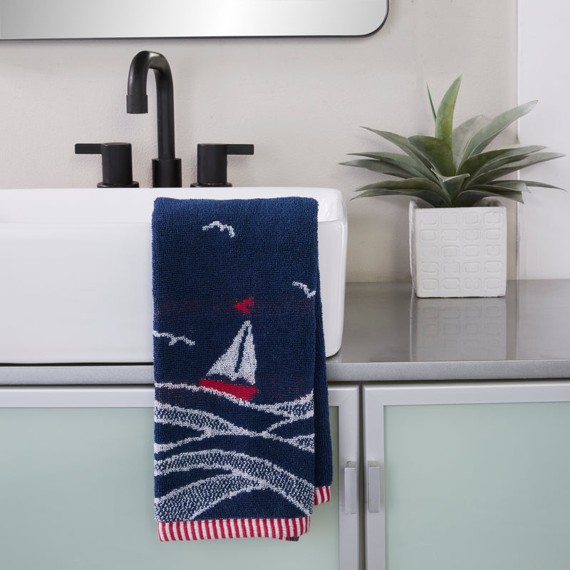 Sailboat Waves Jacquard 2-Piece Hand Towel Set, Navy