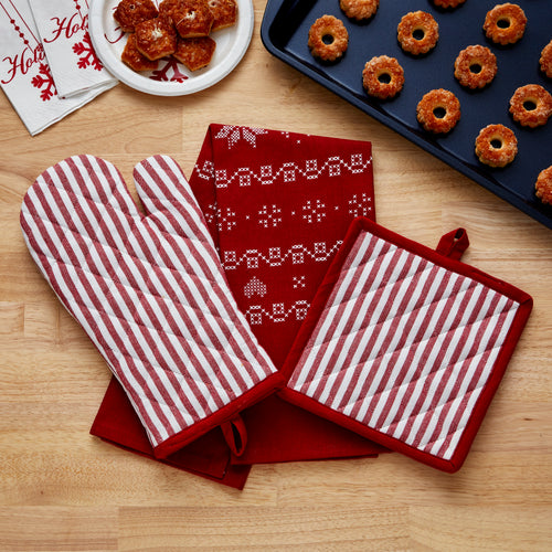 Snowflake Winter Oven Mitt & Pot Holder Set, Red/White