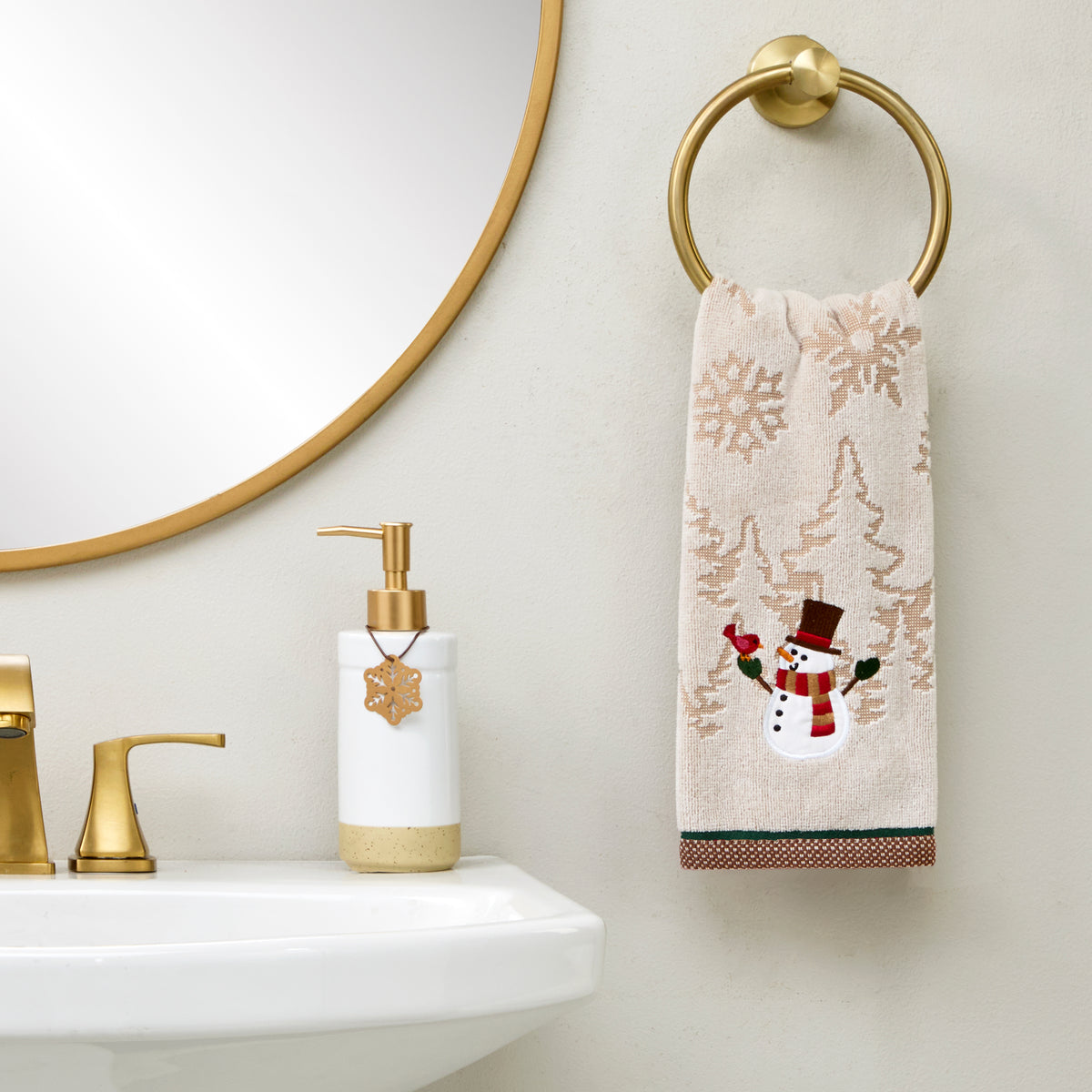 Snowman With Bird 2-Piece Hand Towel Set, Wheat