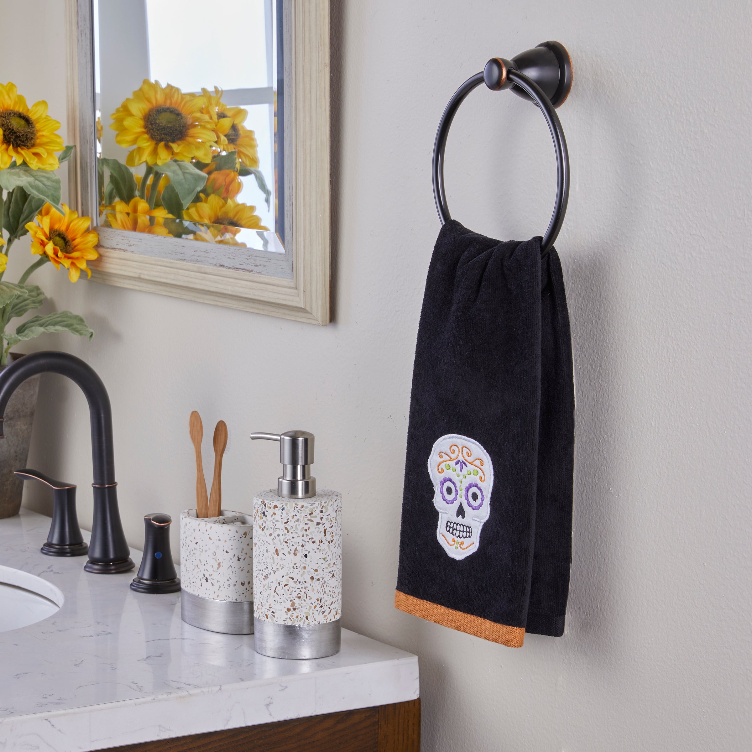 Sugar Skull 2-Piece Hand Towel Set, Black