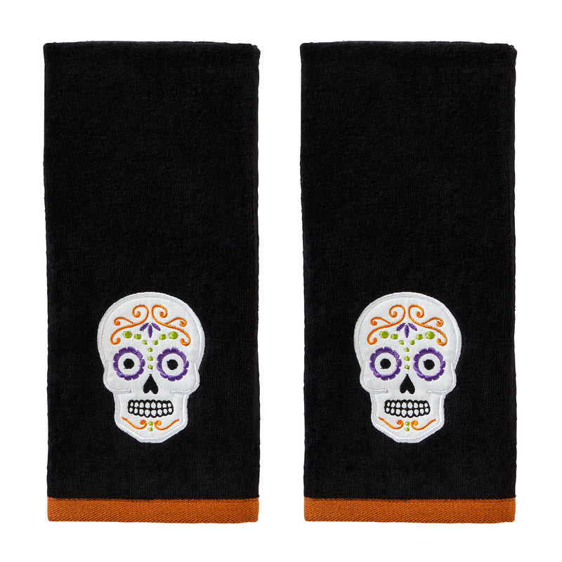 Sugar Skull 2-Piece Hand Towel Set, Black