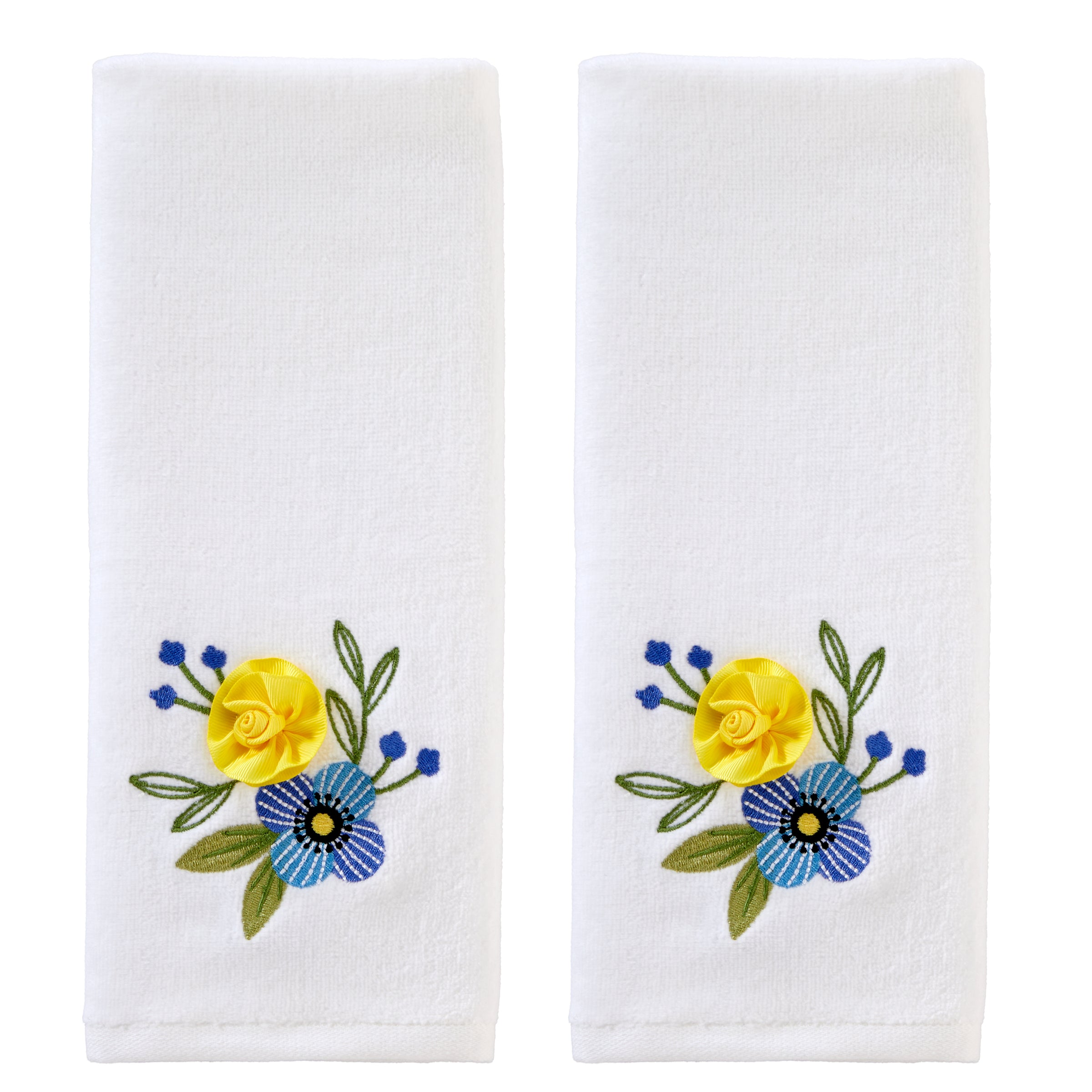 Summer Floral 3D Appliqué  2-Piece Hand Towel Set, White