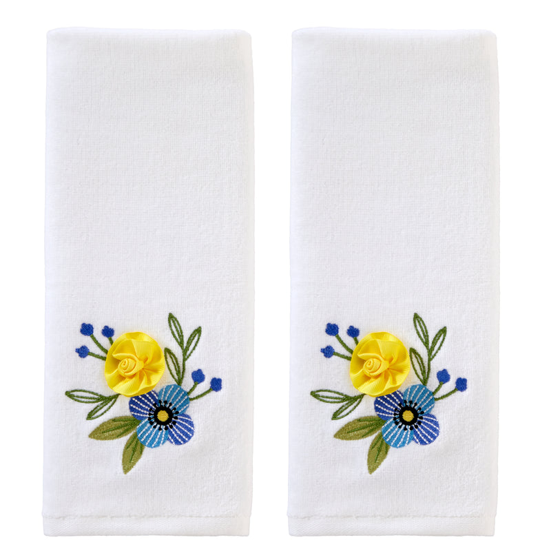 Summer Floral 3D Appliqué  2-Piece Hand Towel Set, White