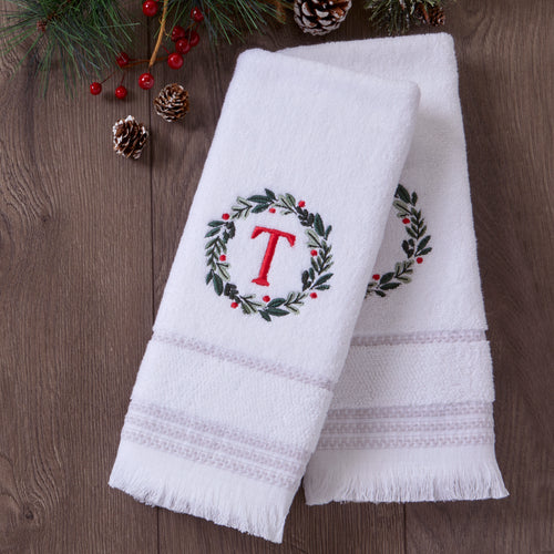 Wreath Monogram “T" 2-Piece Hand Towel Set, White