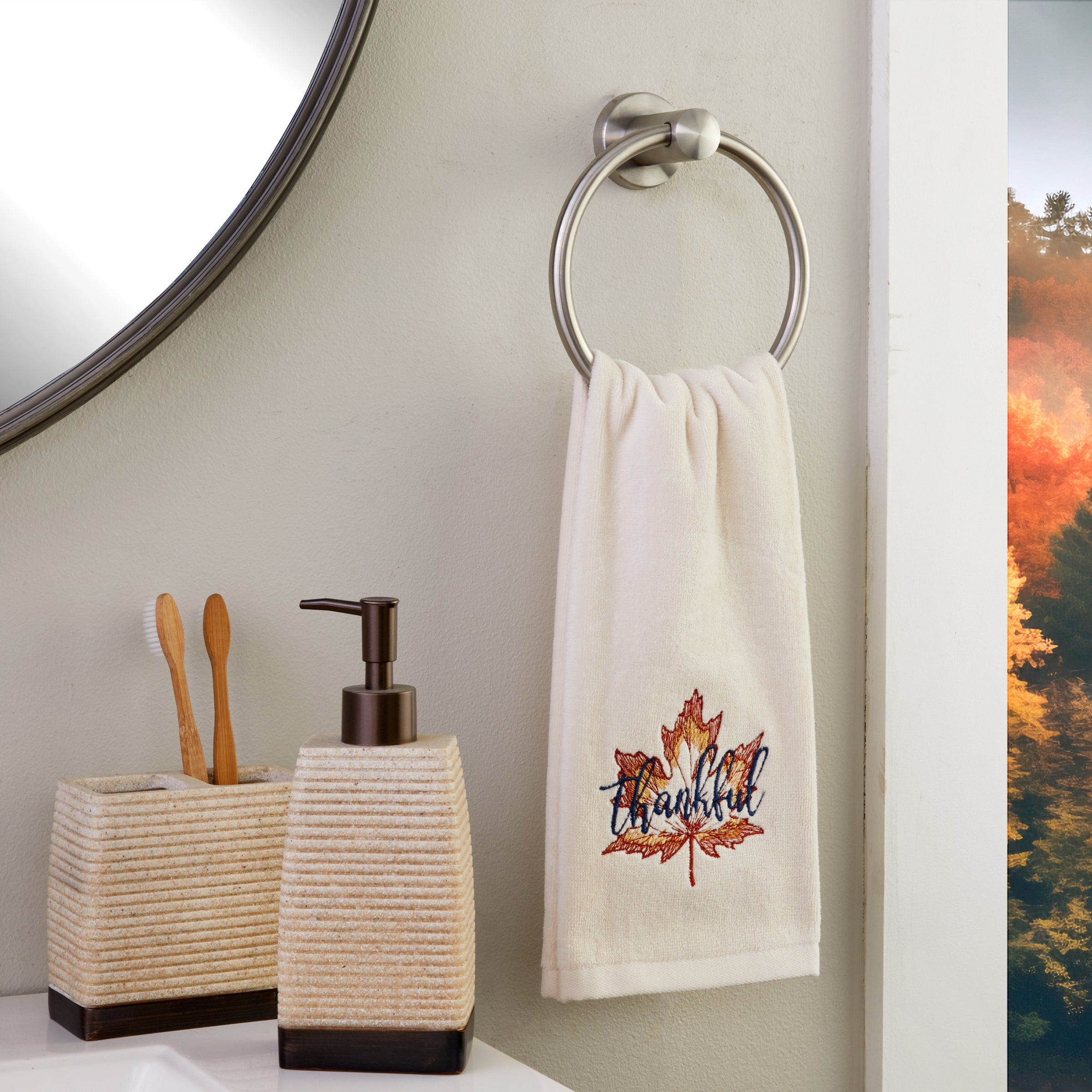 Thankful Leaf 2-Piece Hand Towel Set, Natural