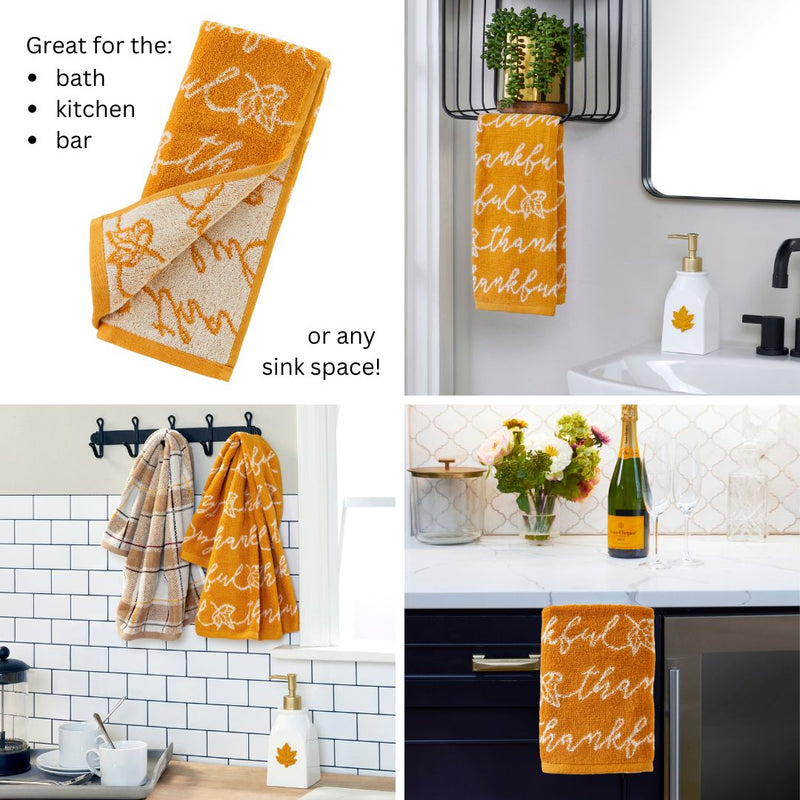 Thankful Script Jacquard 2-Piece Hand Towel Set, Curry