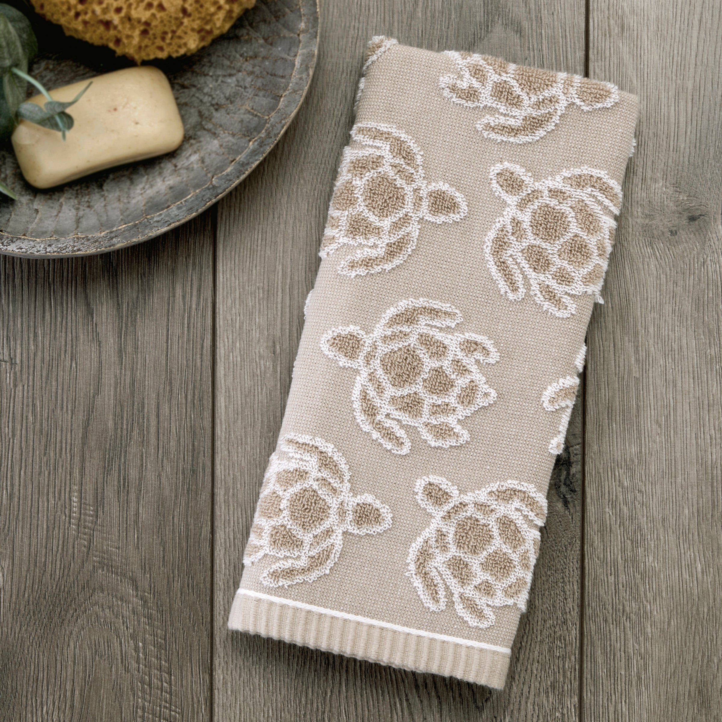 Turtle Sculpted Jacquard 2-Piece Hand Towel Set, Taupe