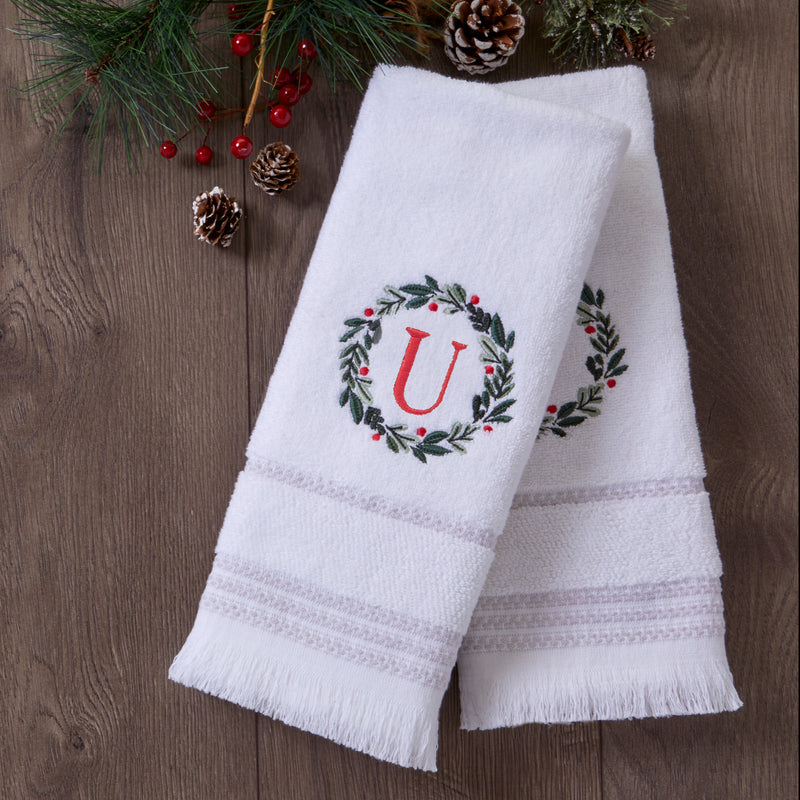 Wreath Monogram “U" 2-Piece Hand Towel Set, White