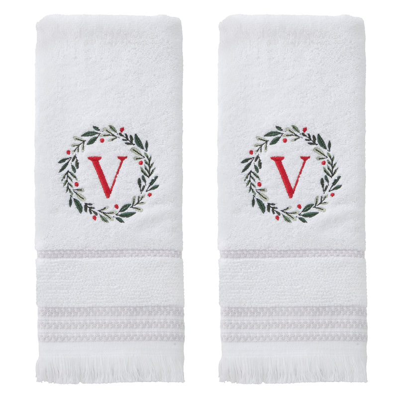 Wreath Monogram “V" 2-Piece Hand Towel Set, White