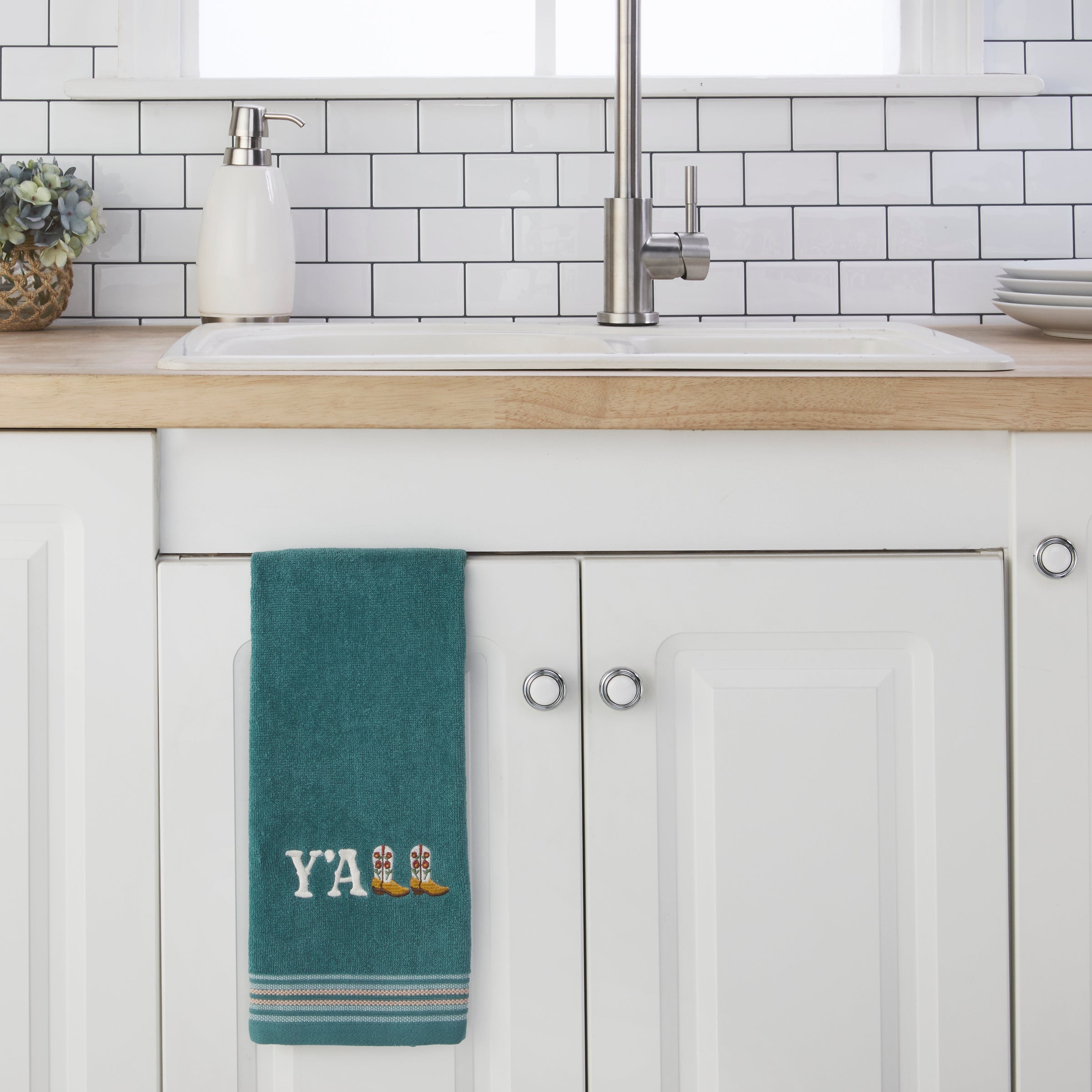 Y'all 2-Piece Hand Towel Set, Teal/Multi