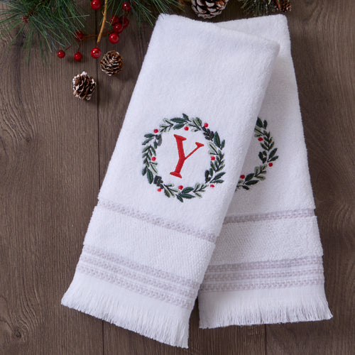 Wreath Monogram “Y" 2-Piece Hand Towel Set, White