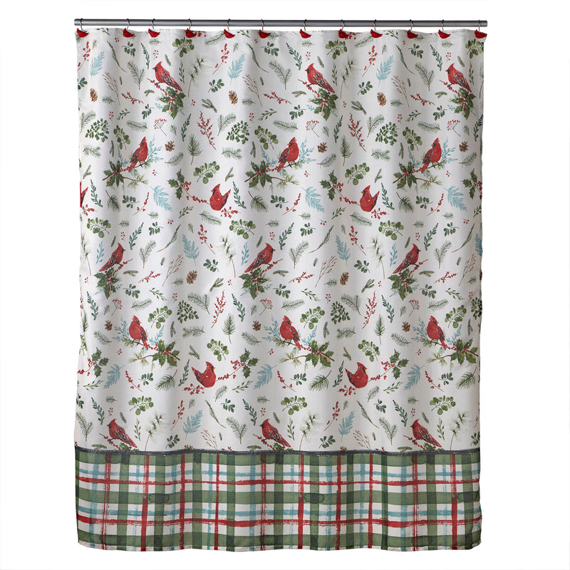 Berry Cardinal Shower Curtain & Hook Set, White Multi