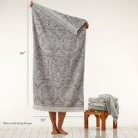 Carrick Medallion Bath Towel, Gray, with size info