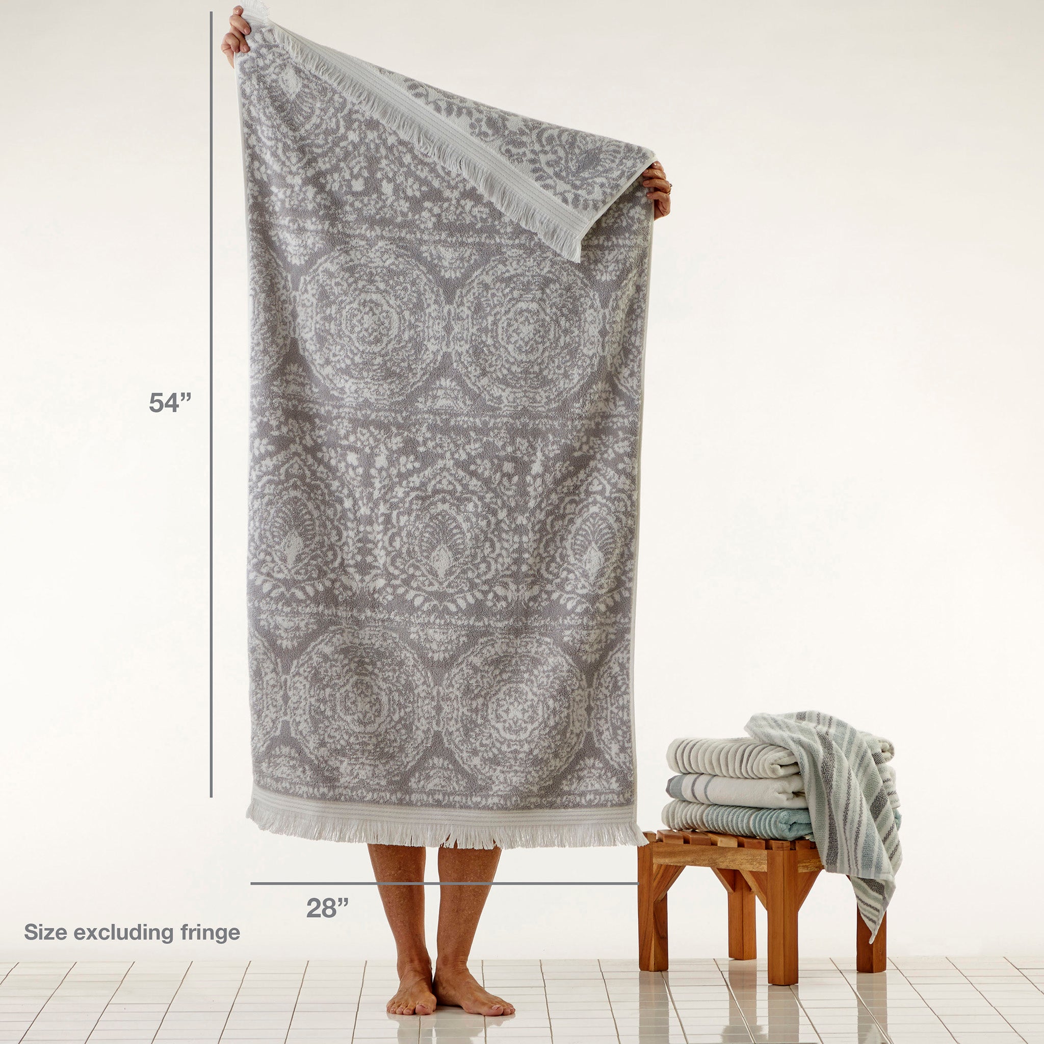 Carrick Medallion Bath Towel, Gray, with size info