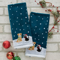 Cat & Dog 2-Piece Hand Towel Set, Teal, flat