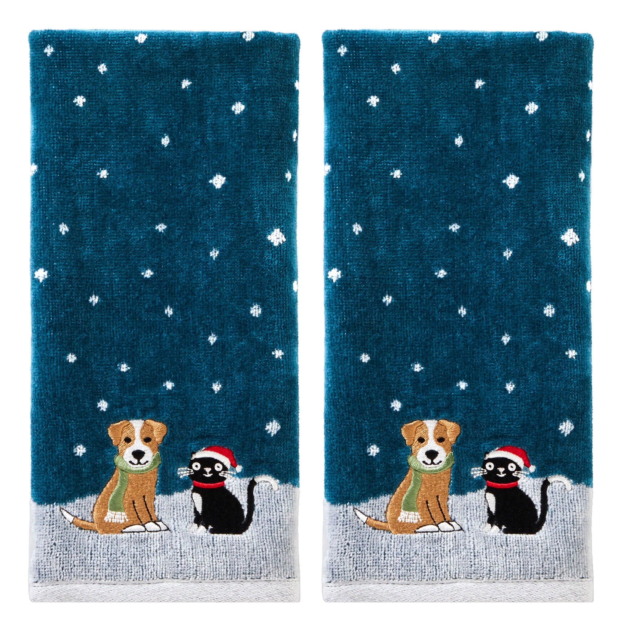 Cat & Dog 2-Piece Hand Towel Set, Teal