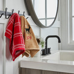 Cozy Home 2-Piece Hand Towel Set, Wheat/Red, Lifestyle, displayed on hooks slightly side view