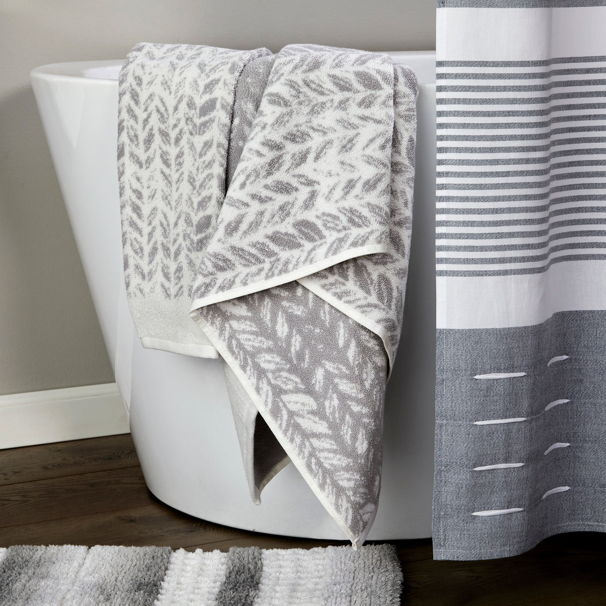 Distressed Leaves Towels, Gray, Lifestyle