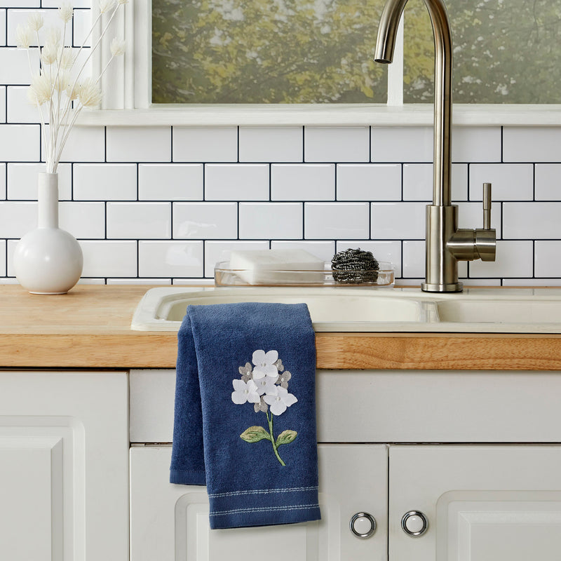 Farm Hydrangea Hand Towel, Blue, displayed in kitchen