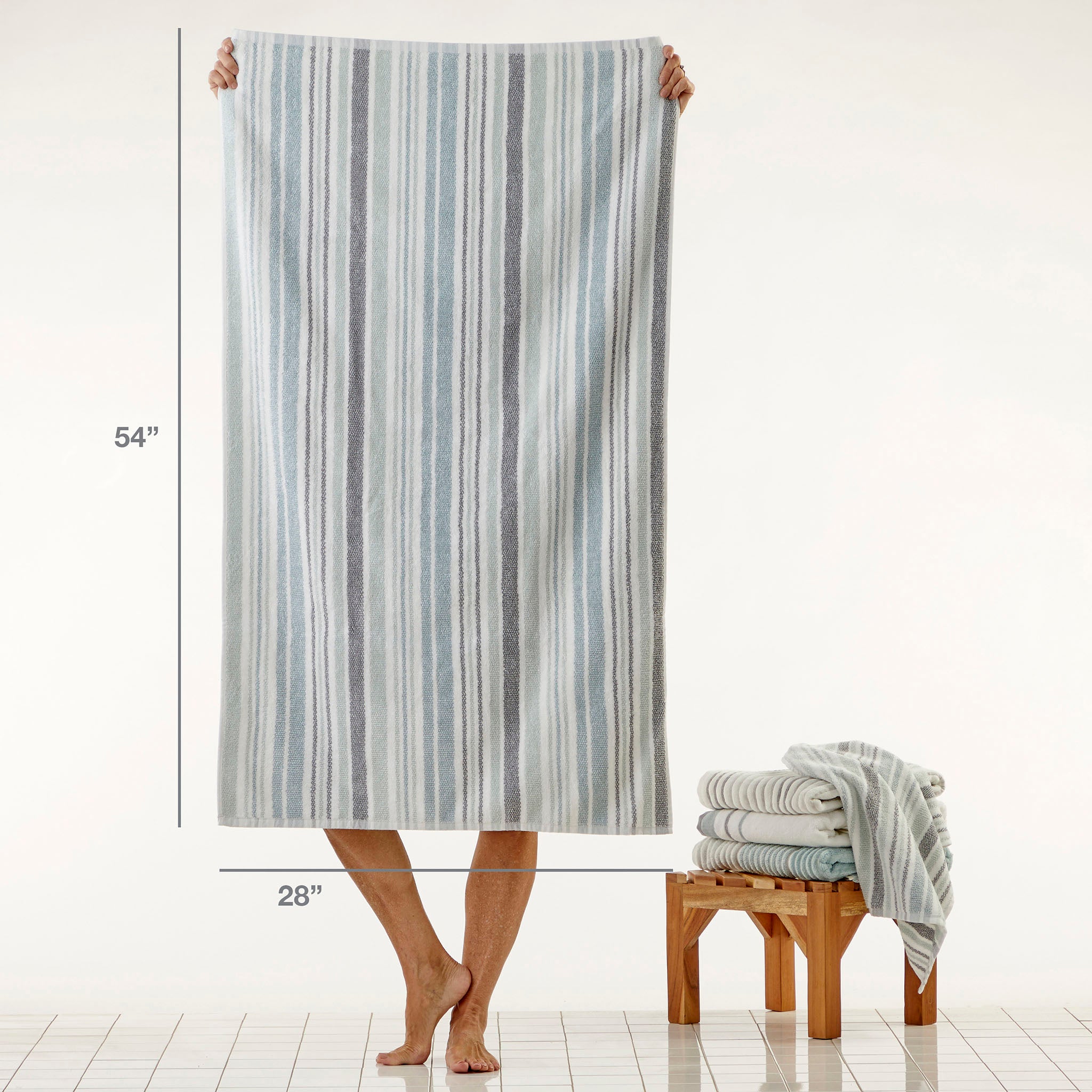 Farmhouse Stripe Bath Towel, Aqua Multi, with size info