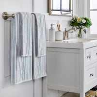 Farmhouse Stripe Towels, Aqua Multi, Lifestyle, displayed on towel bar with other bath items