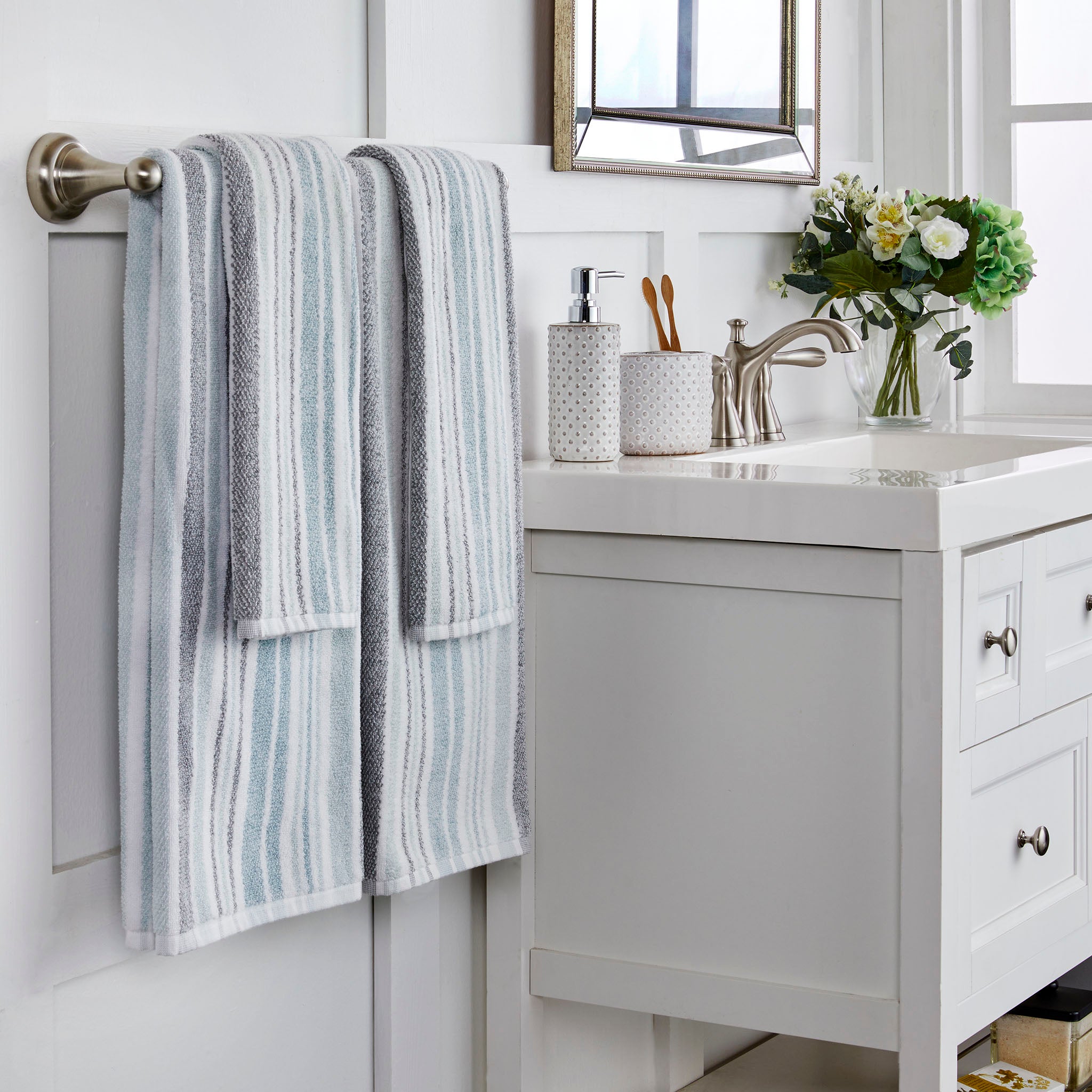 Farmhouse Stripe Towels, Aqua Multi, Lifestyle, displayed on towel bar with other bath items