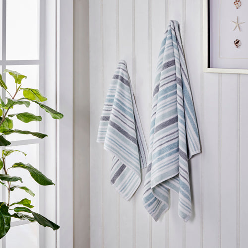 Farmhouse Stripe Towels, Aqua Multi, displayed on hooks