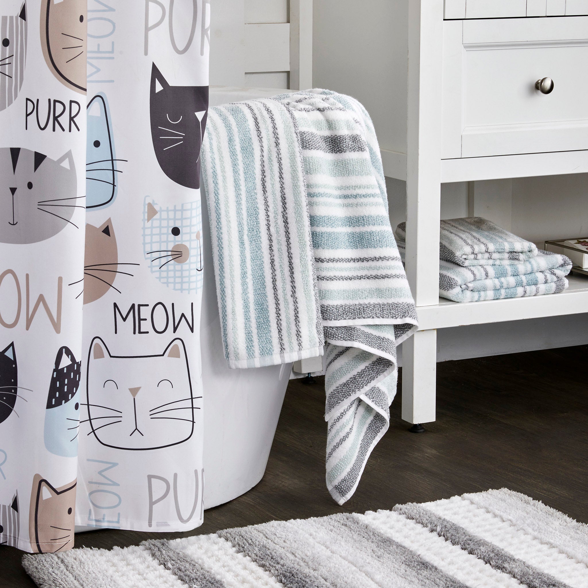 Farmhouse Stripe Towels, Aqua Multi, lifestyle, display on side of bathtub