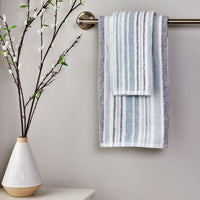 Farmhouse Stripe Towels, Aqua Multi, displayed on towel bar with vase