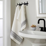 Geo Stripe Towels, Off White, Lifestyle, hanging from hooks