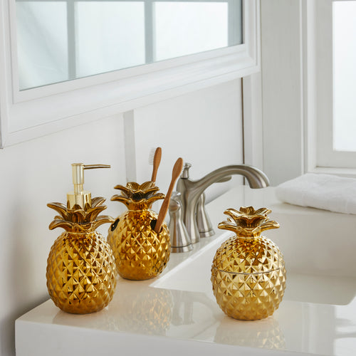 Gilded Pineapple Cotton Jar, White/Gold