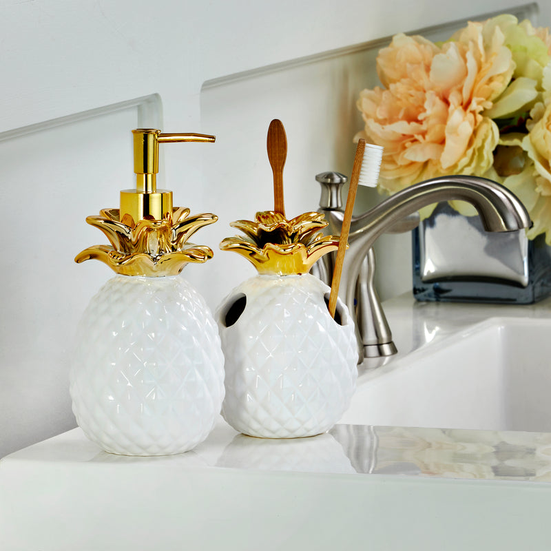 Gilded Pineapple Toothbrush Holder, White/Gold
