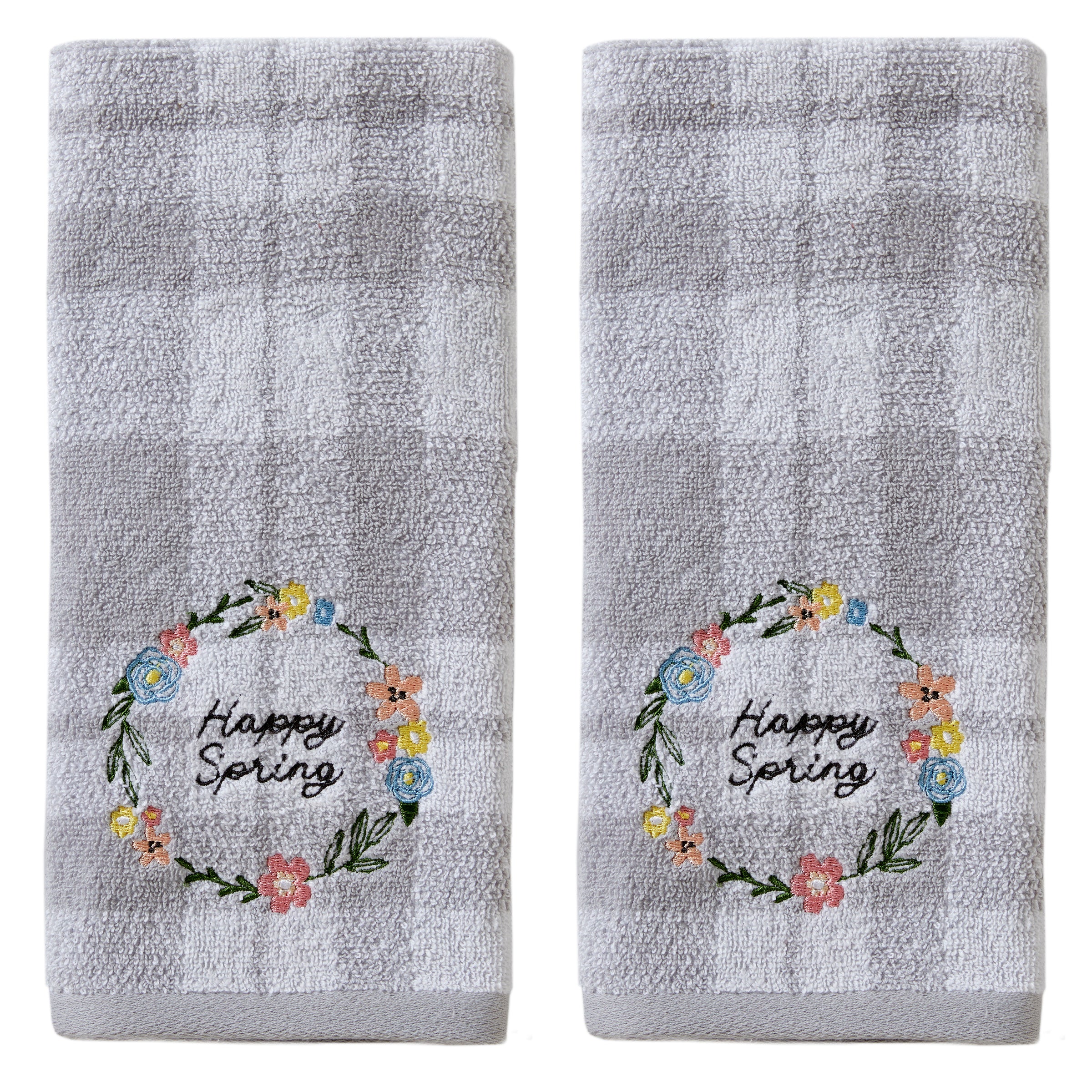 Happy Spring Wreath 2-Piece Hand Towel Set, Gray/White