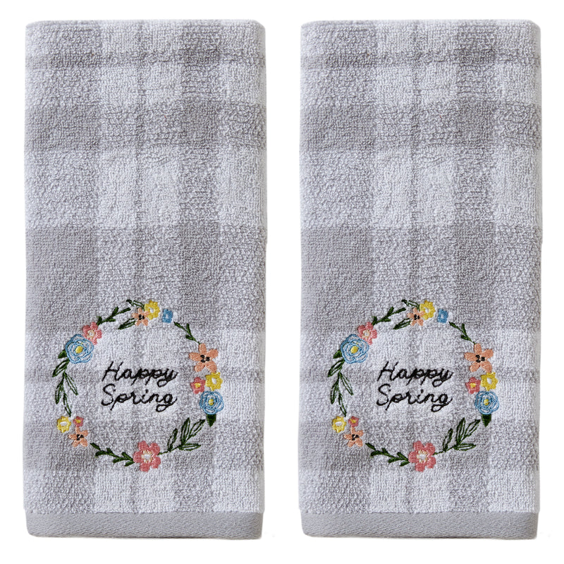 Happy Spring Wreath 2-Piece Hand Towel Set, Gray/White