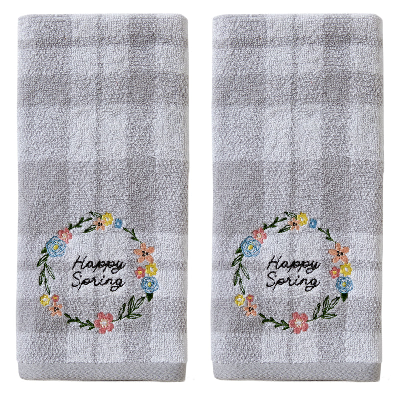 Happy Spring Wreath 2-Piece Hand Towel Set, Gray/White