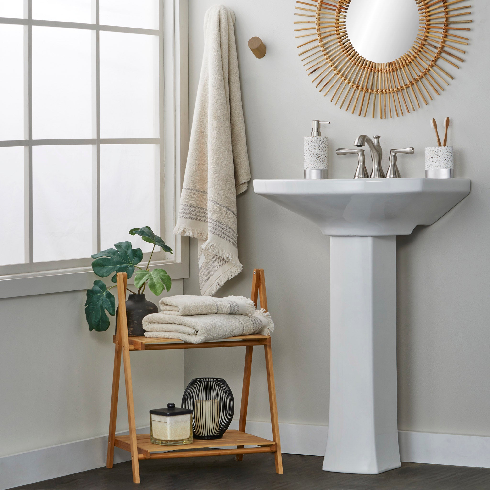 Jude Fringe Towels, Beige, Lifestyle, displayed in bathroom
