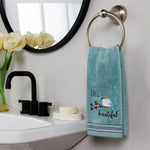 Life Is Beautiful Hand Towel, Dusty Teal, Lifestyle, displayed on towel ring