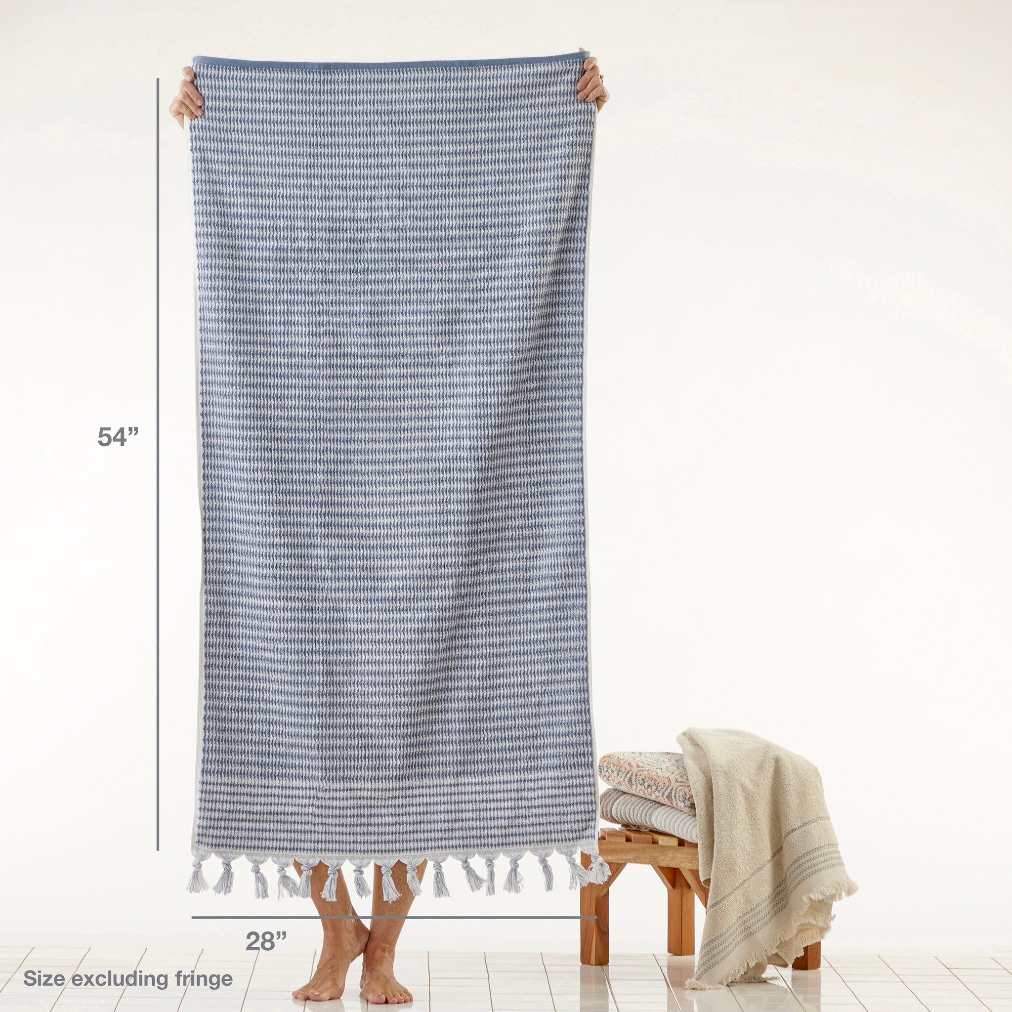 Longborough Bath Towel, Denim, with size info
